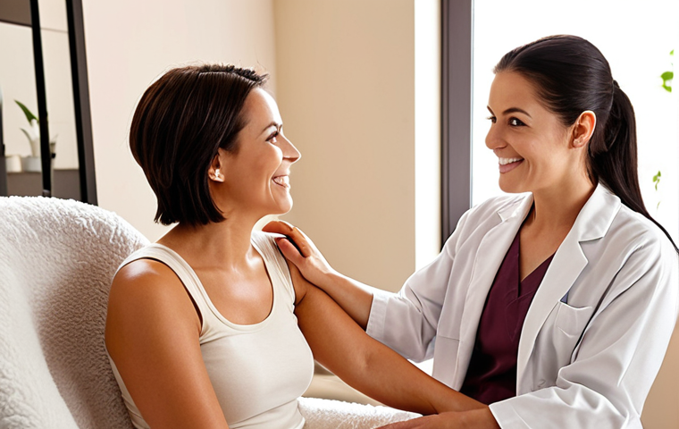 **Prompt for Image 1 (The Art of Real Connections & Empathetic Consultation):**
"A professional esthetician with a warm, genuine smile actively listening to a client during an initial consultation. The client is comfortably seated, expressing herself, and the esthetician is making eye contact with an empathetic and understanding expression. The setting is a cozy, inviting aesthetic clinic room with soft, natural lighting, reflecting trust and human connection. Focus on facial expressions and body language that convey deep listening and care."