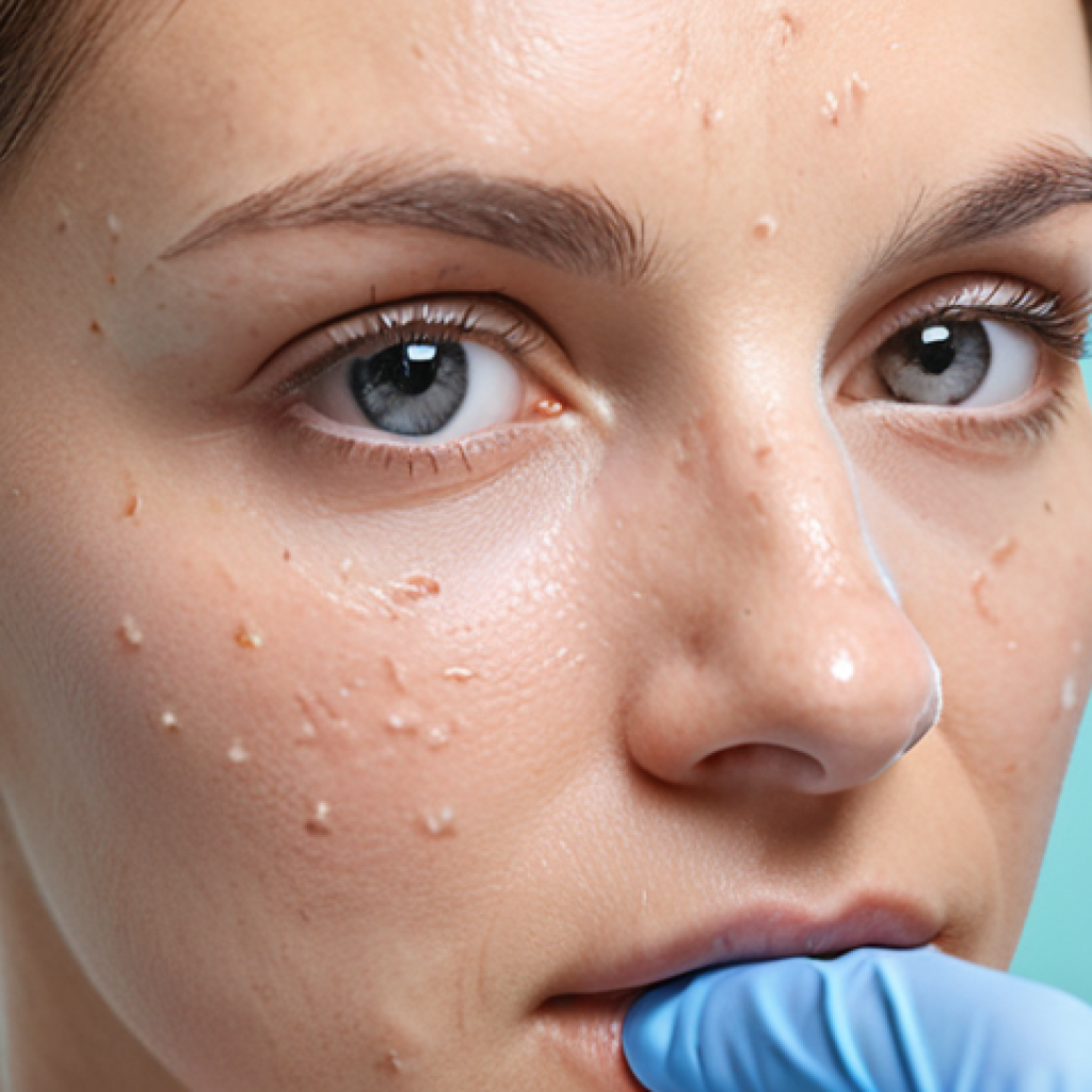 **

Close-up of a woman's face being analyzed with advanced skin diagnostic equipment. The machine is displaying metrics like hydration levels, pore size, and wrinkle depth. Focus on the high-tech aspect and the precision of the analysis. Soft, diffused lighting. Pastel color palette.

**