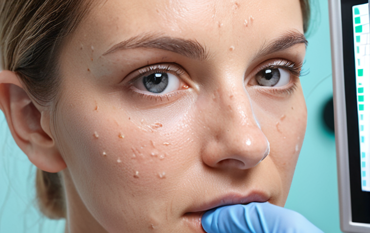 **
Close-up of a woman's face being analyzed with advanced skin diagnostic equipment. The machine is displaying metrics like hydration levels, pore size, and wrinkle depth. Focus on the high-tech aspect and the precision of the analysis. Soft, diffused lighting. Pastel color palette.
**