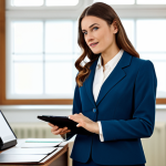 A professional, confident aesthetician, fully clothed in a modest business blazer and trousers, stands in a brightly lit modern clinic. On one side of the frame, a blurred background shows a vintage wooden desk with old paper files and a traditional notebook, symbolizing past manual management. On the other side, she confidently interacts with a sleek digital tablet, displaying a modern client management interface. The scene conveys a seamless and empowering transition to digital efficiency. Perfect anatomy, correct proportions, natural pose, well-formed hands, proper finger count, natural body proportions. Professional photography, high quality, studio lighting, crisp focus. Safe for work, appropriate content, fully clothed, professional.