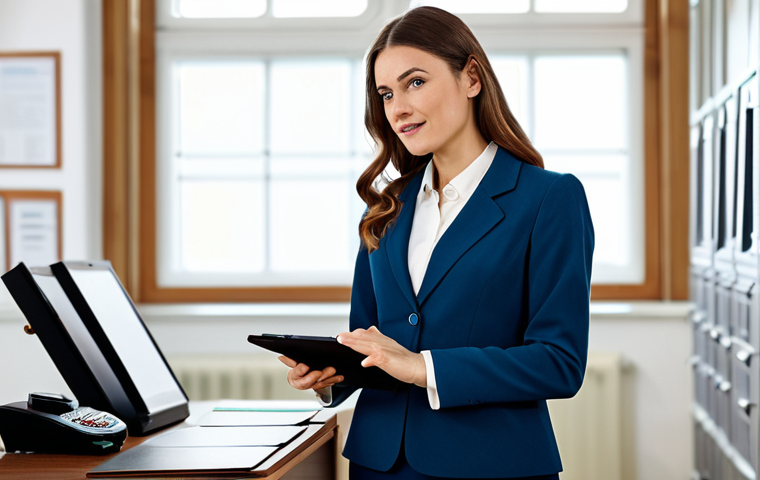 A professional, confident aesthetician, fully clothed in a modest business blazer and trousers, stands in a brightly lit modern clinic. On one side of the frame, a blurred background shows a vintage wooden desk with old paper files and a traditional notebook, symbolizing past manual management. On the other side, she confidently interacts with a sleek digital tablet, displaying a modern client management interface. The scene conveys a seamless and empowering transition to digital efficiency. Perfect anatomy, correct proportions, natural pose, well-formed hands, proper finger count, natural body proportions. Professional photography, high quality, studio lighting, crisp focus. Safe for work, appropriate content, fully clothed, professional.