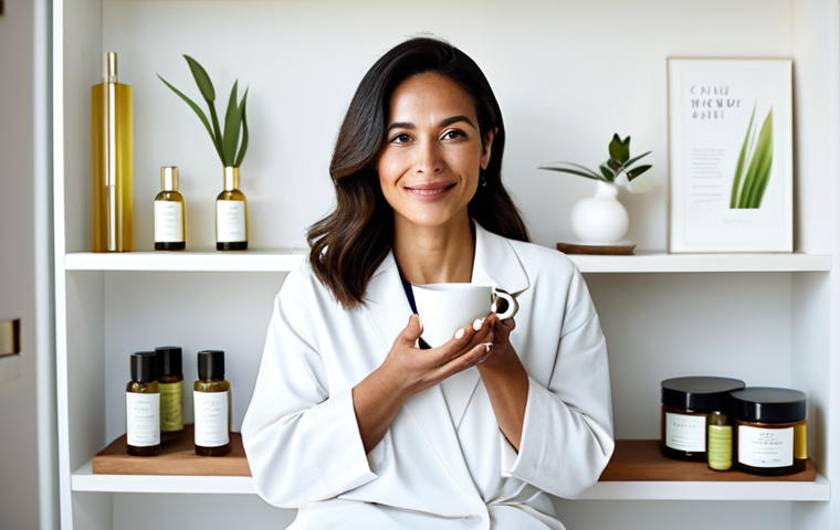 피부관리사의 직업 만족도 높이기 - **Prompt:** A Brazilian aesthetician in her late 30s, with a serene and confident expression, sits p...