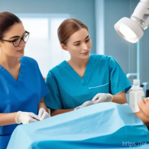 피부관리사로 성장하기 위한 학습법 - A bright, modern aesthetics classroom or laboratory in a reputable European institution. A diverse g...