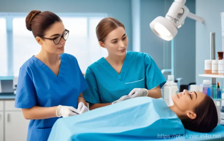 피부관리사로 성장하기 위한 학습법 - A bright, modern aesthetics classroom or laboratory in a reputable European institution. A diverse g...