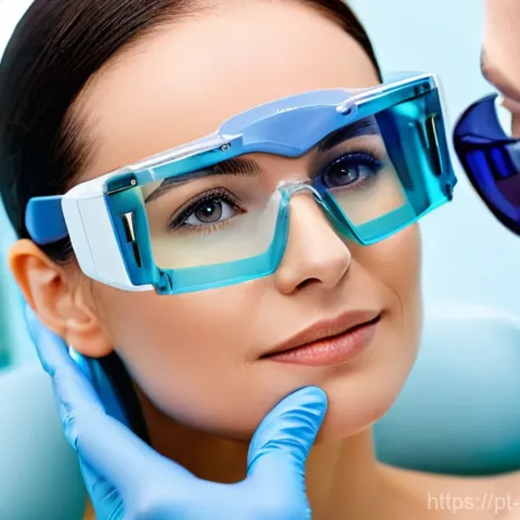 피부관리 클리닉에서 사용하는 전문 장비 - **Laser Skin Rejuvenation in a Modern Clinic**
A close-up of a woman in her late 30s or early 40...