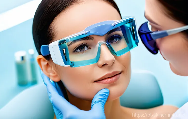 피부관리 클리닉에서 사용하는 전문 장비 - **Laser Skin Rejuvenation in a Modern Clinic**
A close-up of a woman in her late 30s or early 40...