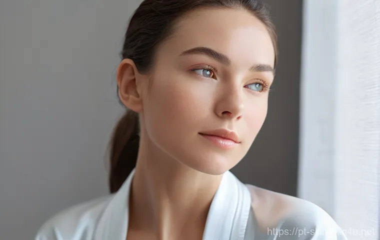 피부관리 제품 성분 분석과 사용법 - **Prompt 1: "The Essence of Deep Hydration"**
A close-up portrait of a woman in her late 20s to ...