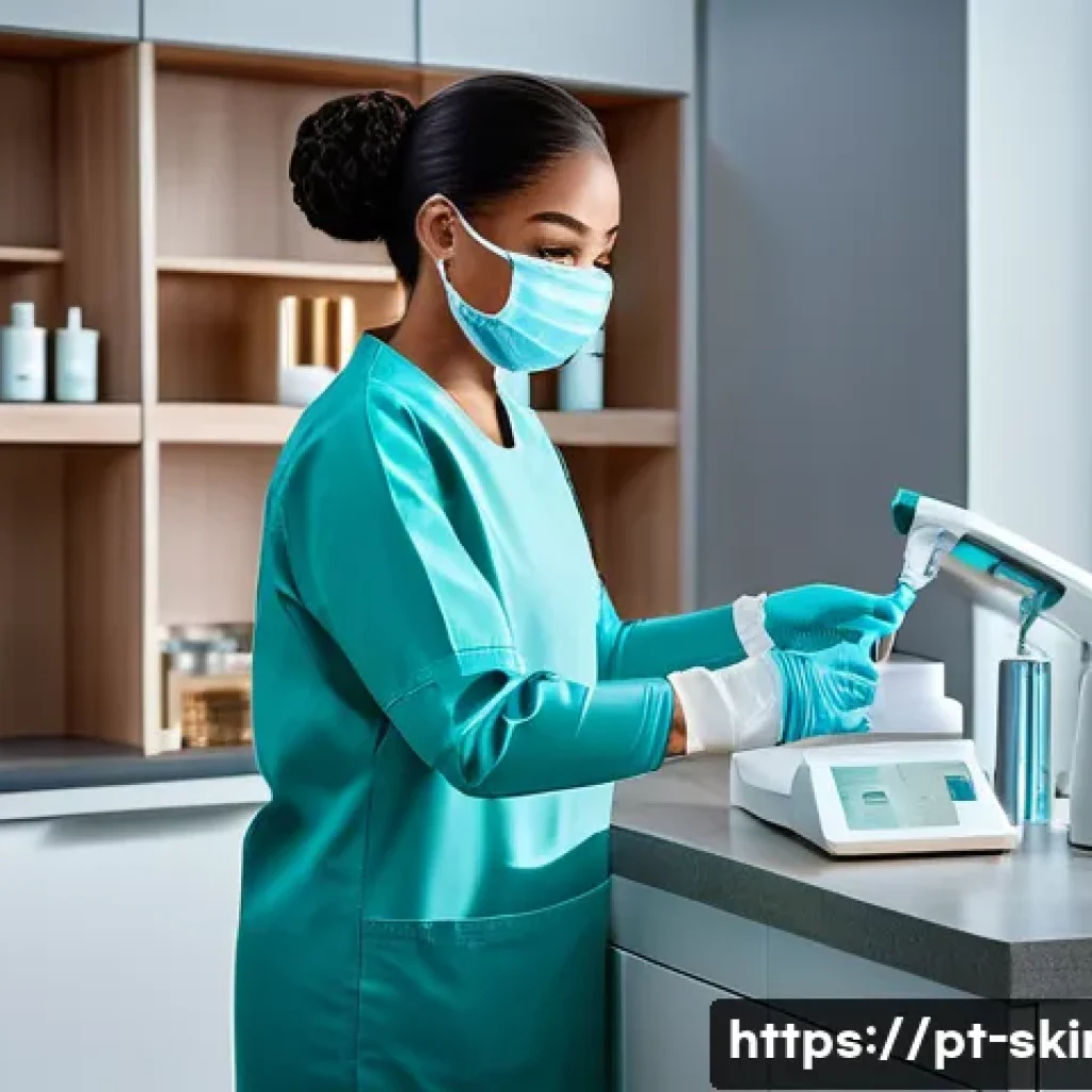 피부관리사의 최신 자격증 시험 정보 - A modern beauty clinic interior scene showcasing a professional esthetician wearing appropriate pers...