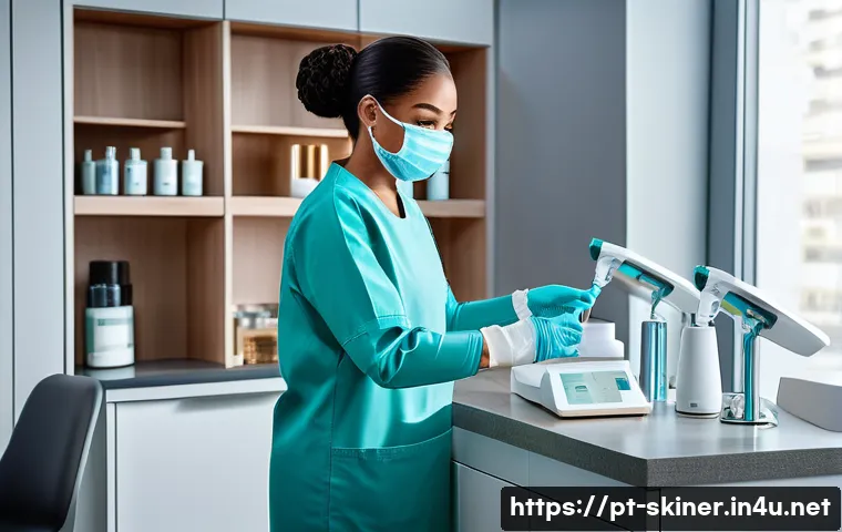 피부관리사의 최신 자격증 시험 정보 - A modern beauty clinic interior scene showcasing a professional esthetician wearing appropriate pers...