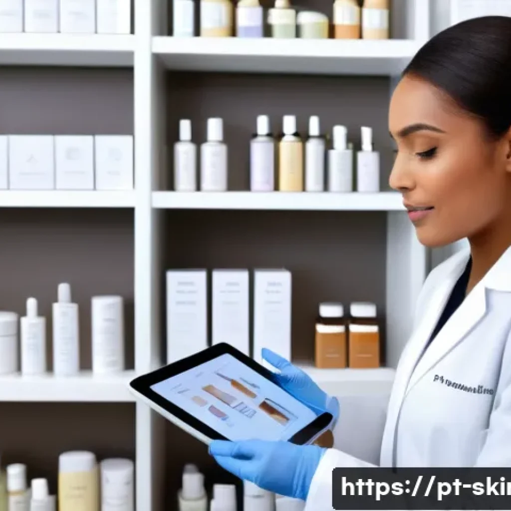 피부관리사로서의 커리어 전환 방법 - A modern Brazilian skincare clinic scene featuring a professional esthetician consulting a diverse f...