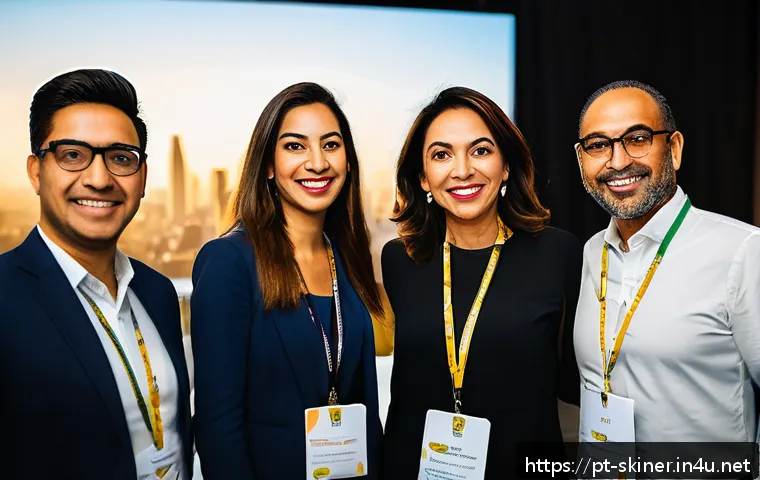 피부관리사의 전문 학회 가입 혜택 - A vibrant professional networking event in S&atilde;o Paulo, Brazil, showcasing diverse estheticians and be...