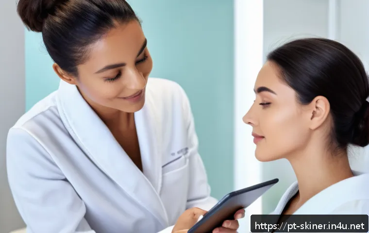 피부관리사의 고객별 스킨케어 기록 방법 - A professional skincare consultation scene in a modern Brazilian beauty clinic, featuring a female e...