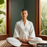 피부관리사로서의 스트레스 관리 방법 - A serene beauty professional in a modern Brazilian spa setting, sitting peacefully in a minimalist t...