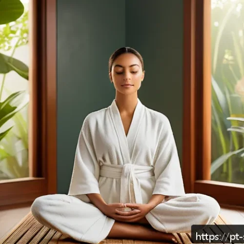 피부관리사로서의 스트레스 관리 방법 - A serene beauty professional in a modern Brazilian spa setting, sitting peacefully in a minimalist t...