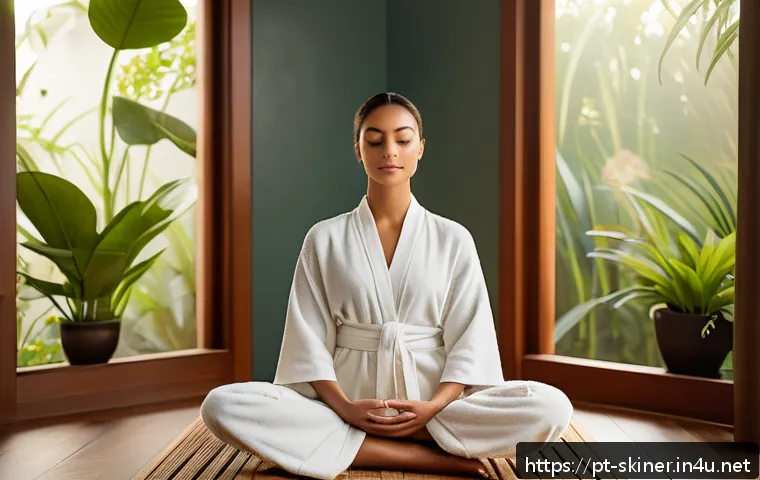 피부관리사로서의 스트레스 관리 방법 - A serene beauty professional in a modern Brazilian spa setting, sitting peacefully in a minimalist t...