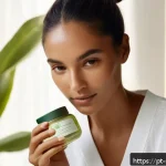 피부관리 트렌드 리서치 및 적용 사례 - A serene Brazilian woman with glowing, smooth skin applies a botanical face serum in a sunlit room f...
