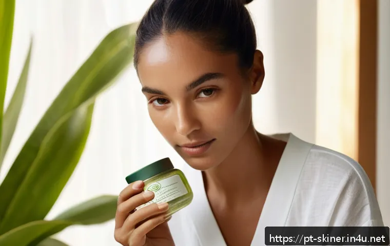 피부관리 트렌드 리서치 및 적용 사례 - A serene Brazilian woman with glowing, smooth skin applies a botanical face serum in a sunlit room f...
