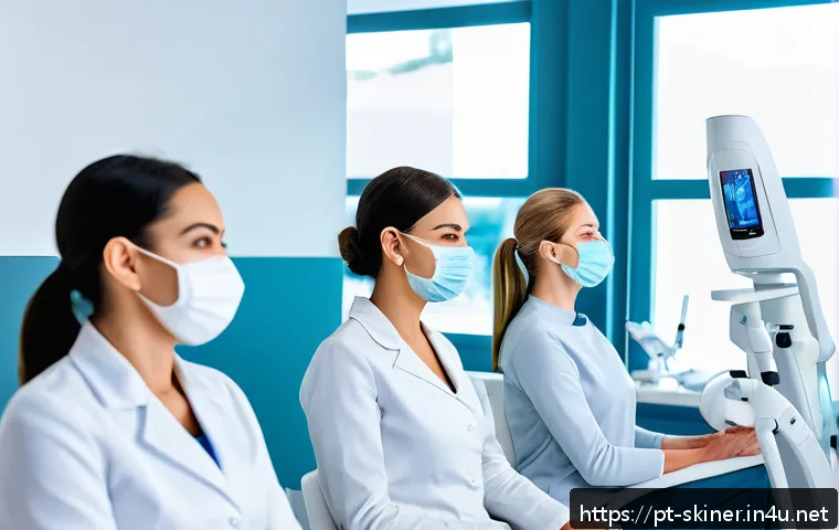 피부관리사의 커리어 로드맵 작성법 - A modern beauty training classroom in Portugal with diverse adult students attentively practicing sk...