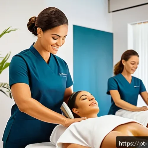 피부관리사 연봉 추이와 전망 - A modern Brazilian esthetician clinic interior with warm natural lighting, showcasing a diverse grou...