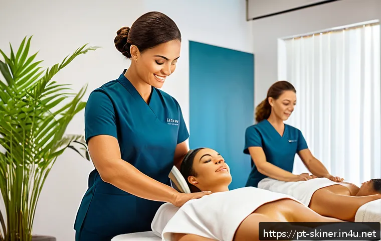 피부관리사 연봉 추이와 전망 - A modern Brazilian esthetician clinic interior with warm natural lighting, showcasing a diverse grou...