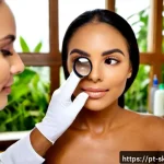 피부관리 이론 핵심 정리 - Photorealistic skincare education scene in a bright modern Brazilian dermatology studio, close-up of...