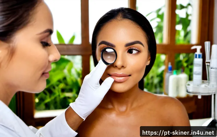 피부관리 이론 핵심 정리 - Photorealistic skincare education scene in a bright modern Brazilian dermatology studio, close-up of...