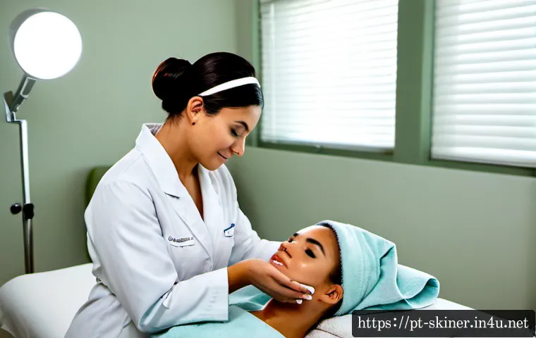 피부관리사의 피부 질환별 관리 사례 - Photorealistic skincare consultation in a modern Brazilian dermatology-inspired beauty clinic, a pro...